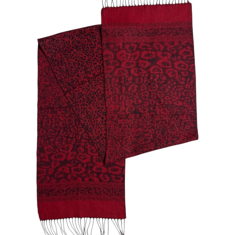 Vintage Deep Red & Black Leoprd Print Cashmere Scarf